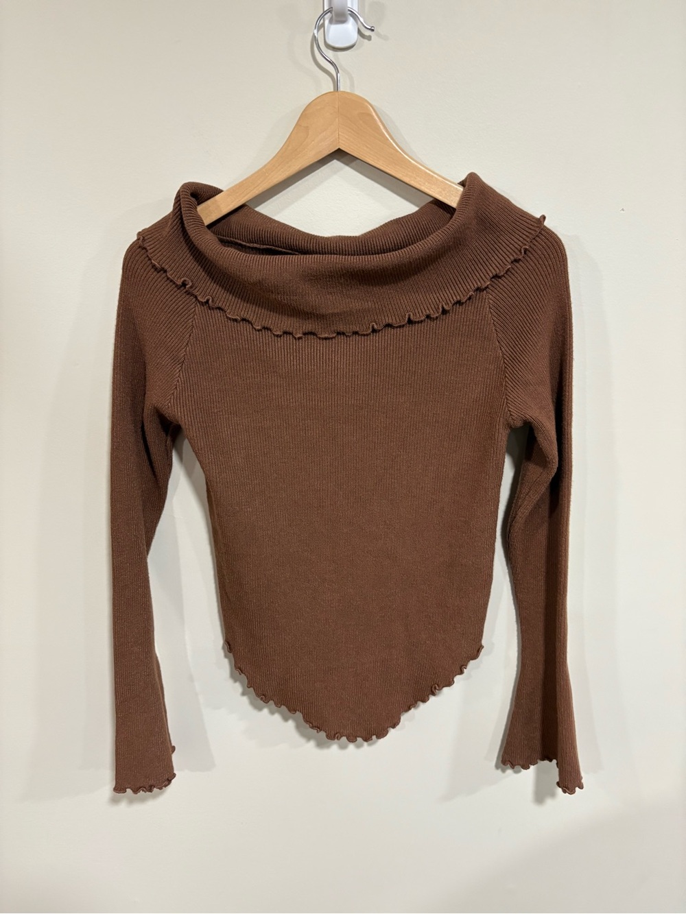 Brown Ruffled Hem Off-Shoulder Sweater